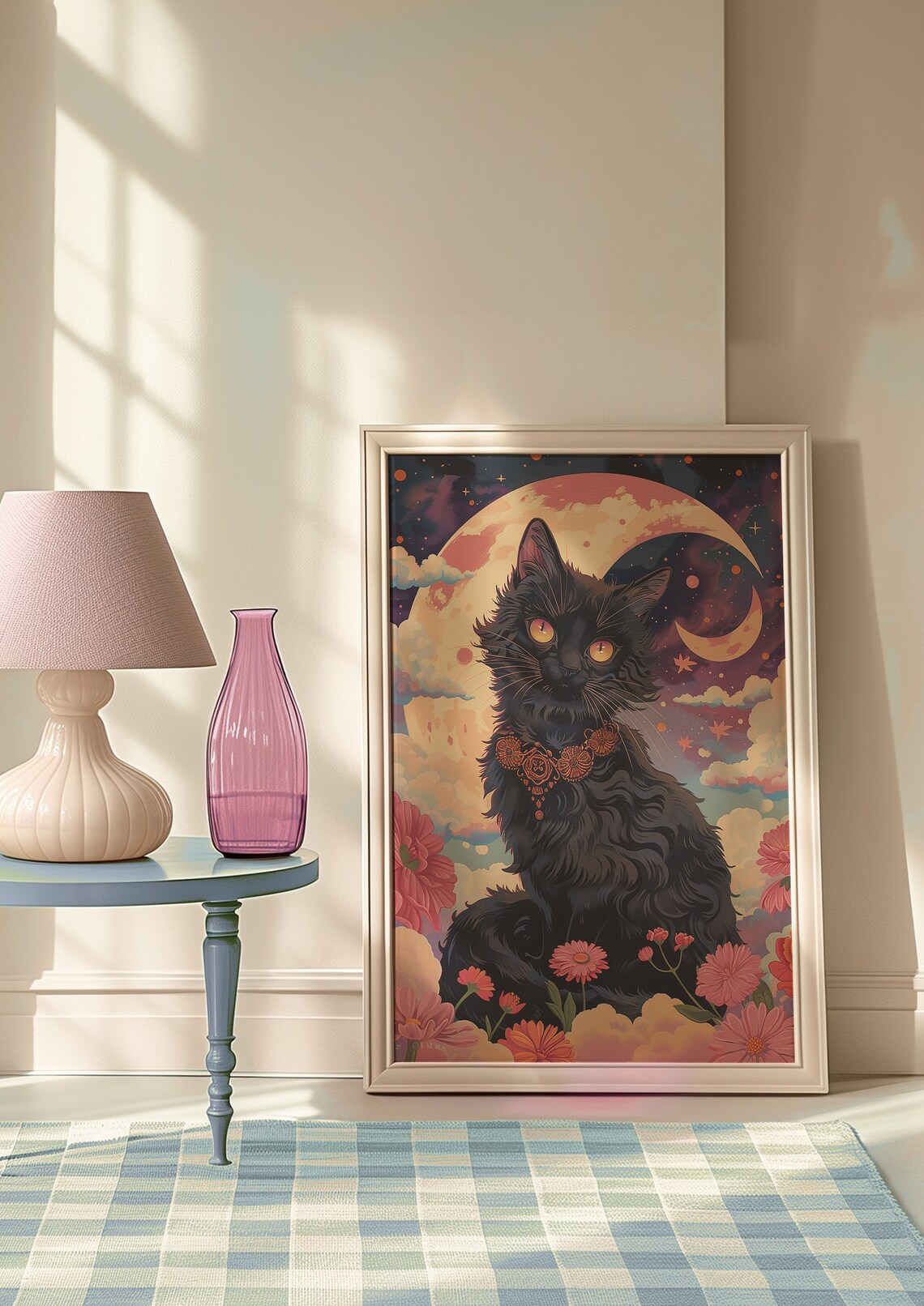 Mystical Black Cat Moonlit Sky Floral Fantasy Animal Wall Art - Image 9