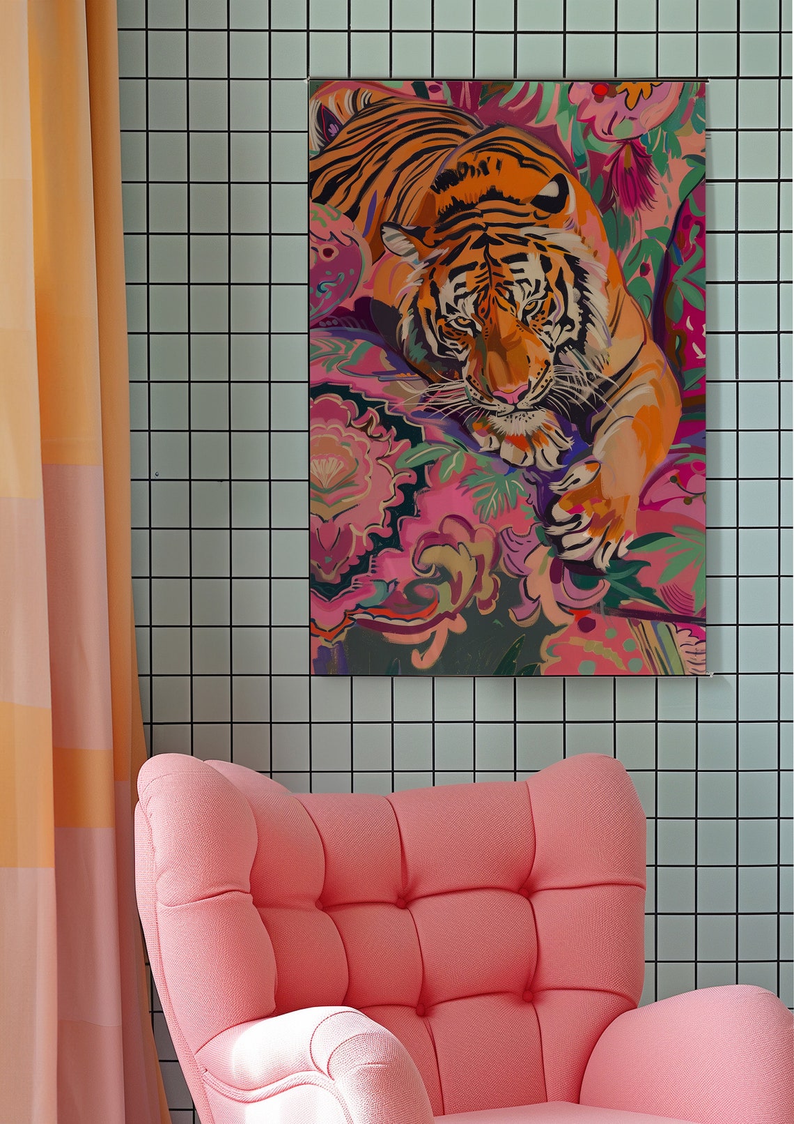 Orange Tiger Resting Among Pink Flowers Maximalist Art Print - Image 6