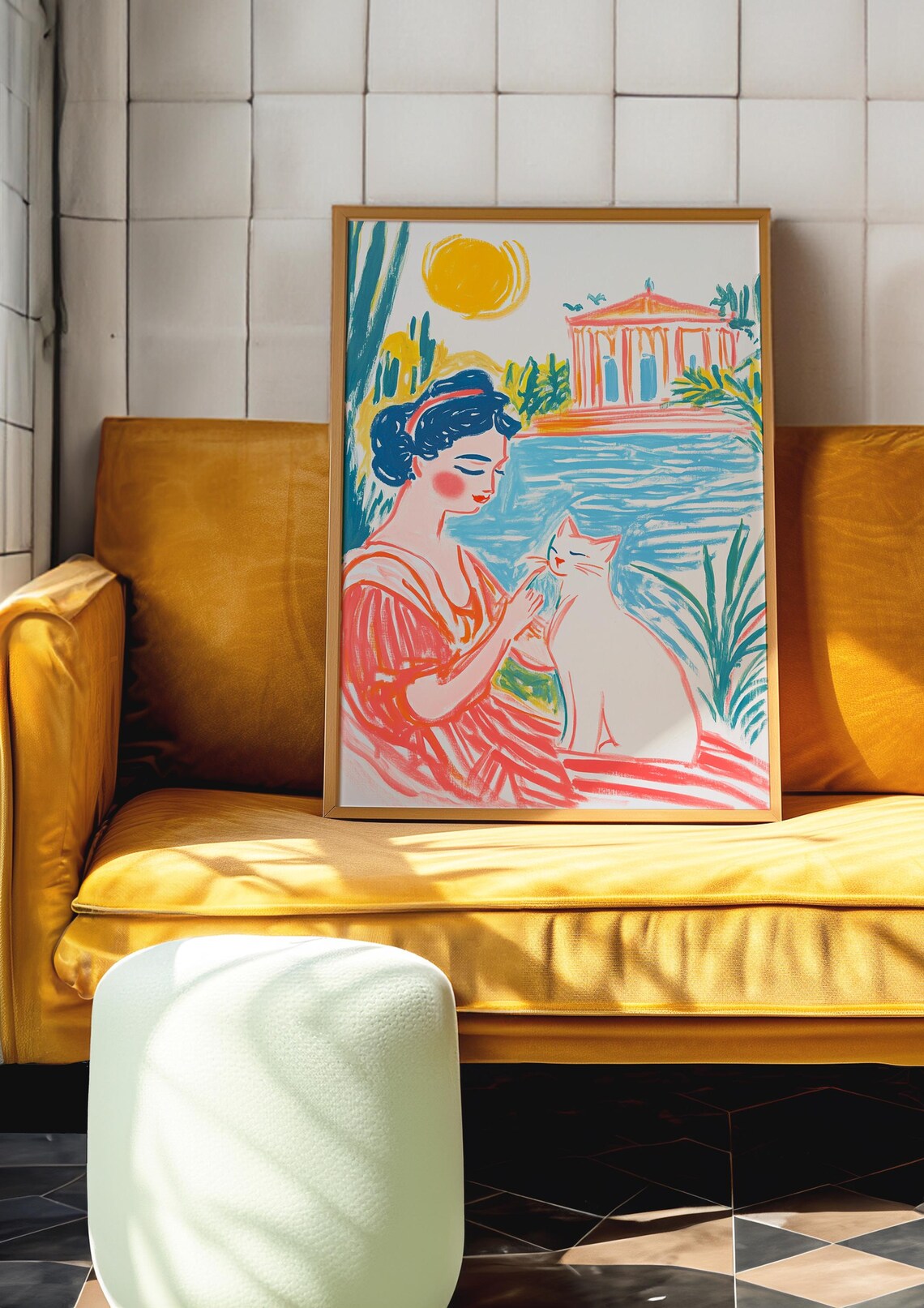 Woman With White Cat by Mediterranean Temple Sunny Illustration Poster - Image 4