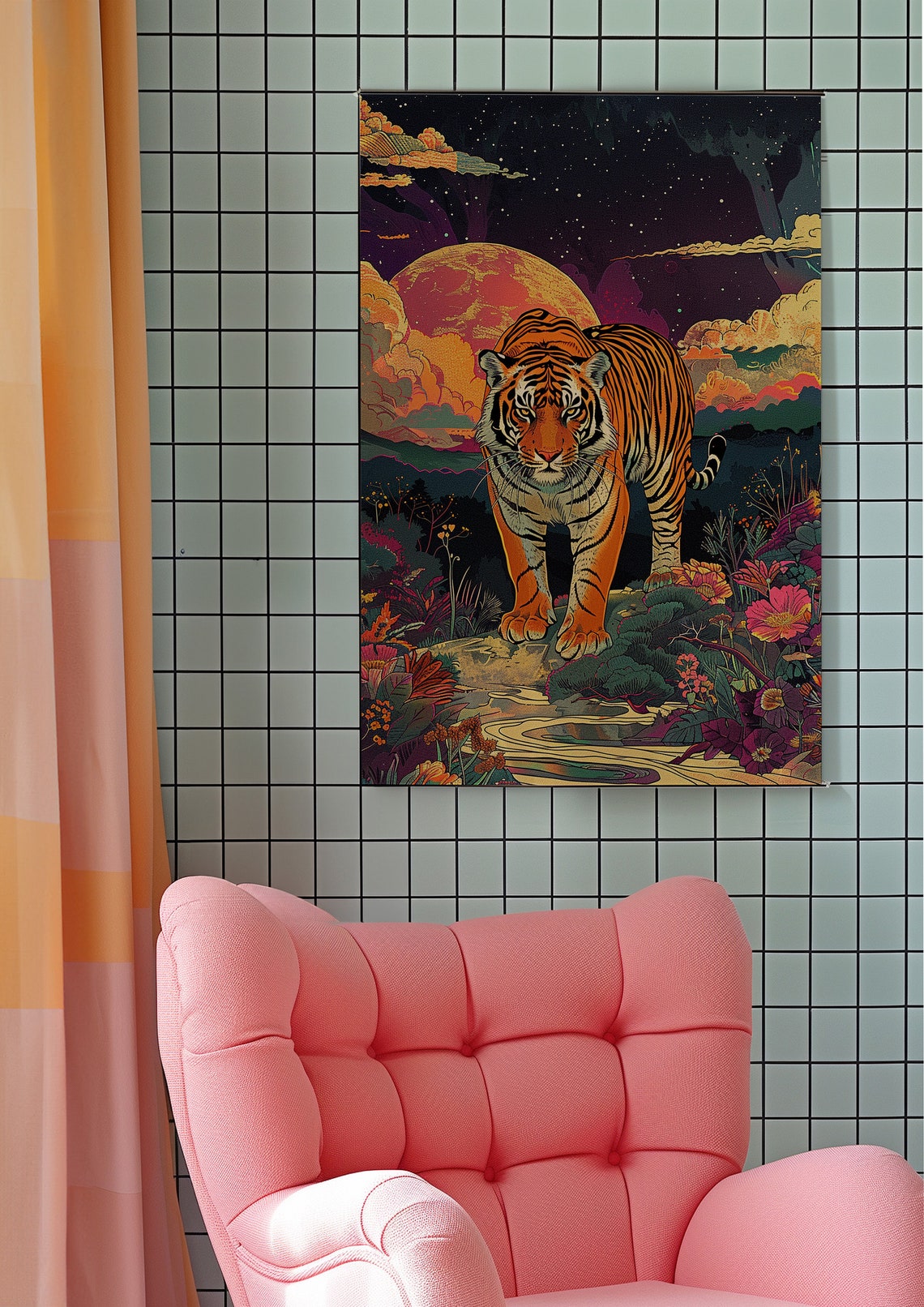 Majestic Tiger Beneath a Giant Red Sun in Starry Night Sky Poster - Image 5