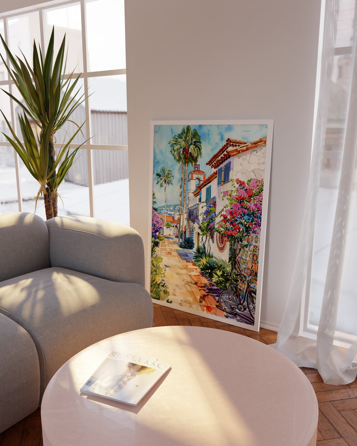 Sunny Mediterranean Alley with Palms, Flowers and Bicycles Poster - Image 8