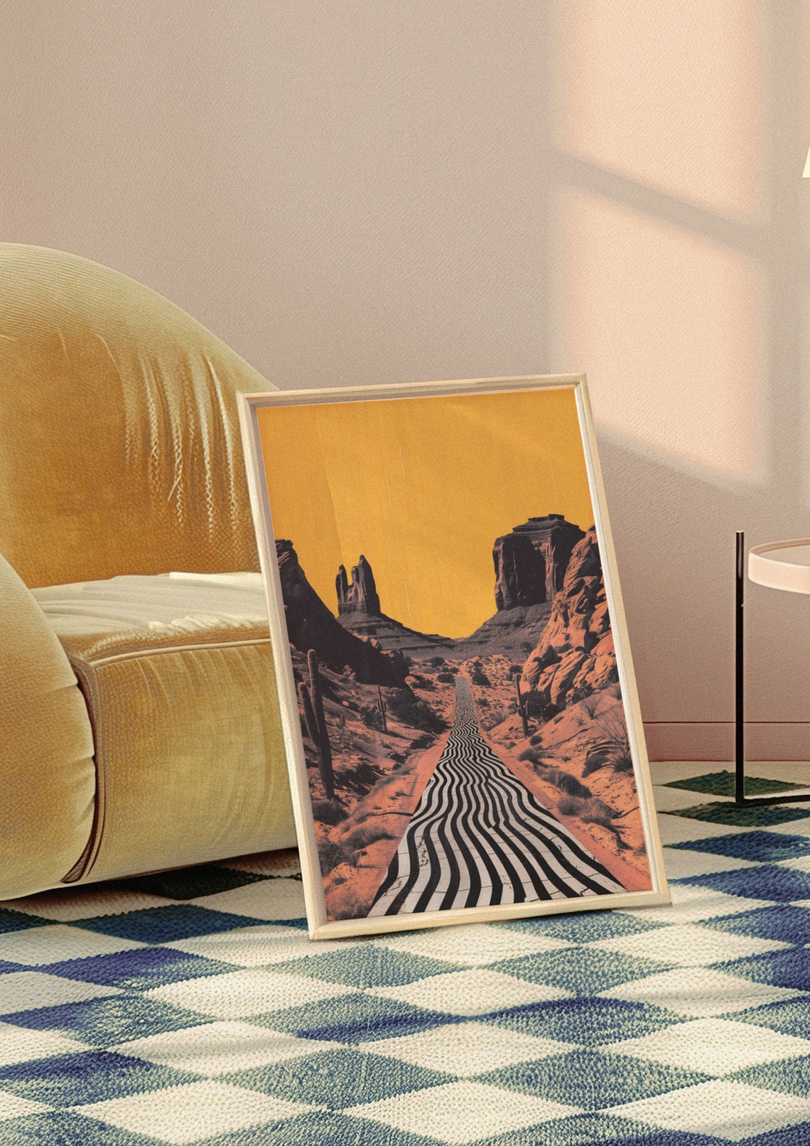 Graphic Wavy Striped Desert Canyon Road Under Golden Sky Poster - Image 9