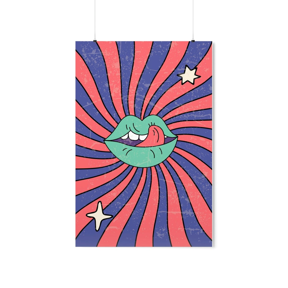 Retro Green Lips Tongue Out Sunburst Pop Art Bold 70s Poster - Image 4