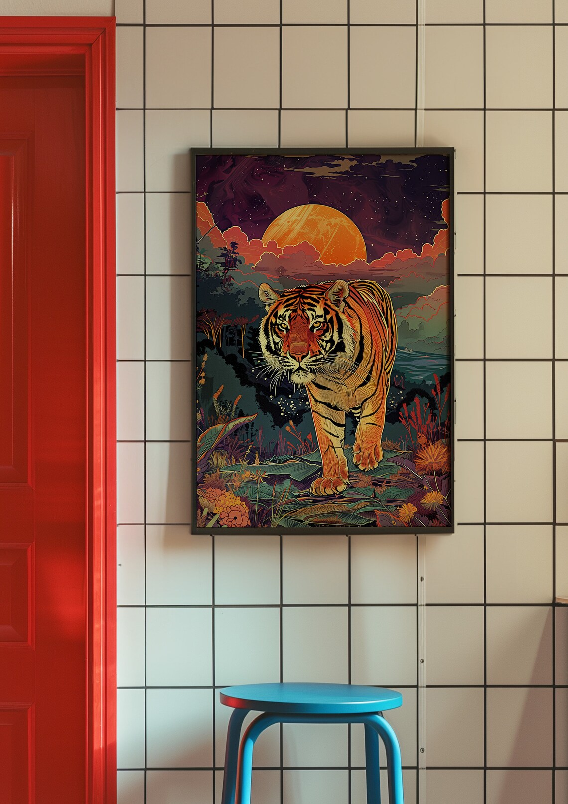 Tiger Walking Through Jungle At Sunset Poster With Golden Sun - Image 4