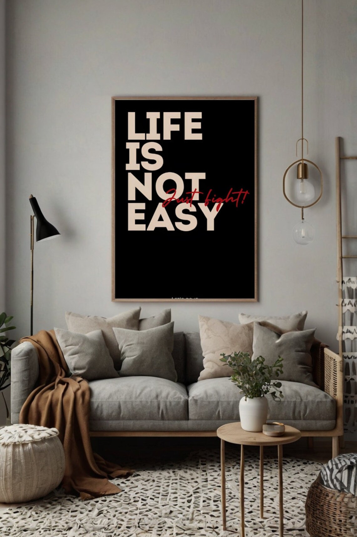Life Is Not Easy Just Fight Black Red Bold Typography Quote Poster