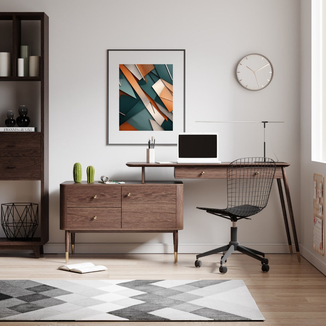 Teal Orange Geometric Folded Paper Shapes Modern Abstract Art Poster
