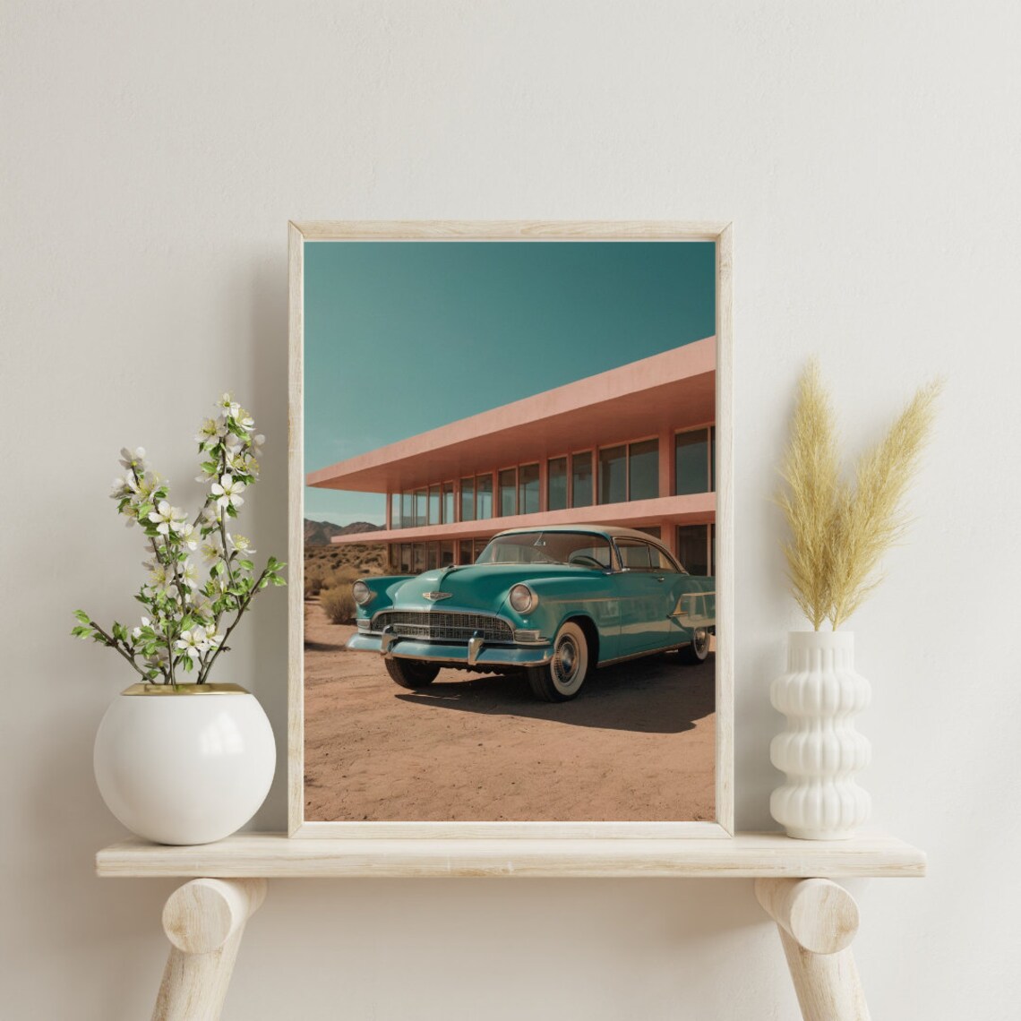 Vintage Turquoise Classic Car Desert Mid Century Modern Photo Poster