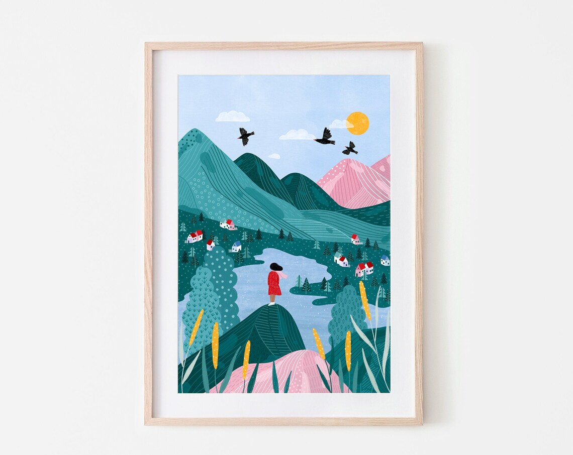 Mountains Mindful Art Print, Colourful Nature Poster