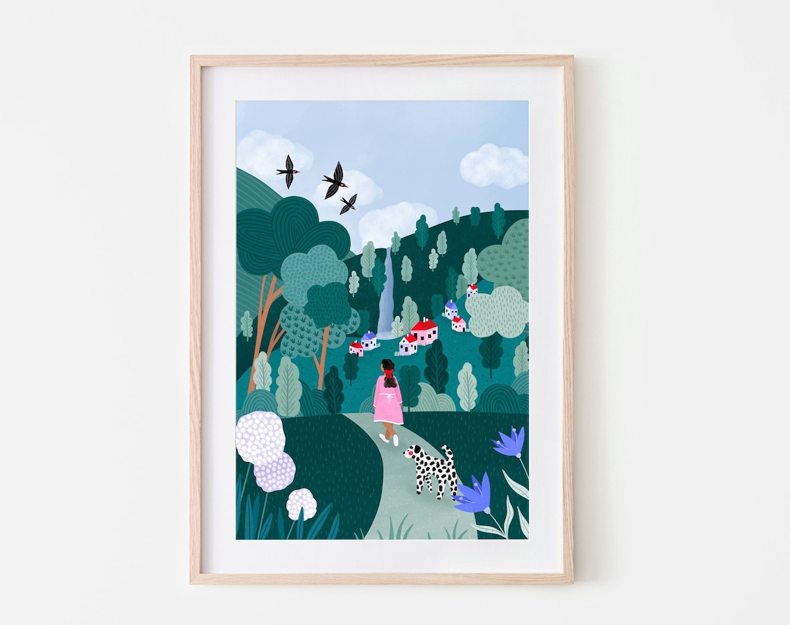 Spring Walk Colourful Landscape Dog Art Print