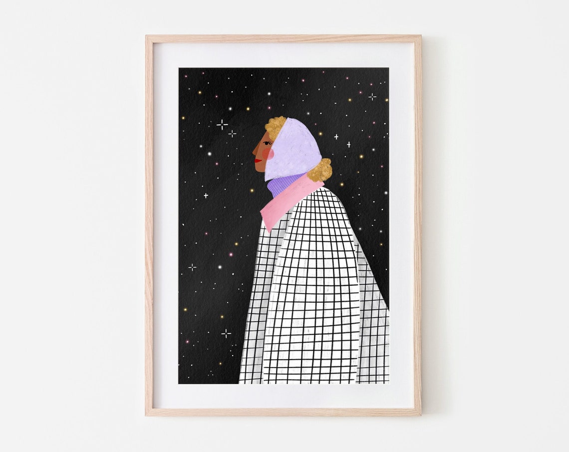 Woman In Checkered Coat Under Starry Night Sky Portrait Poster