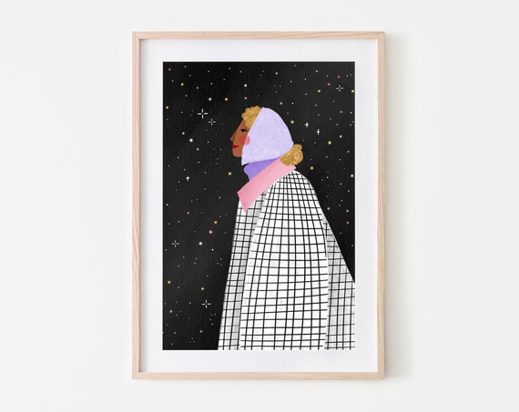 Girl At Midnight Celestial Art Print Star Constellations Girl And Stars Illustration Checkered Pattern Night Sky Art