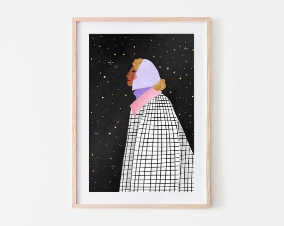 Woman In Checkered Coat Under Starry Night Sky Portrait Poster