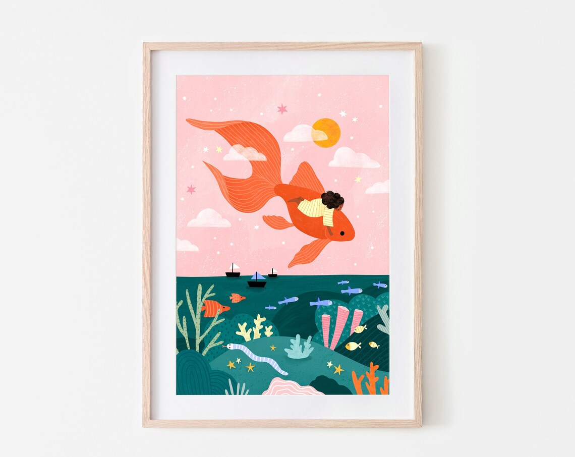 Flying Goldfish Children Art Print, Boho Nursery Decor