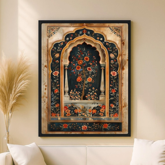 Golden Floral Tree on Black Persian Mihrab Arch Islamic Art Poster