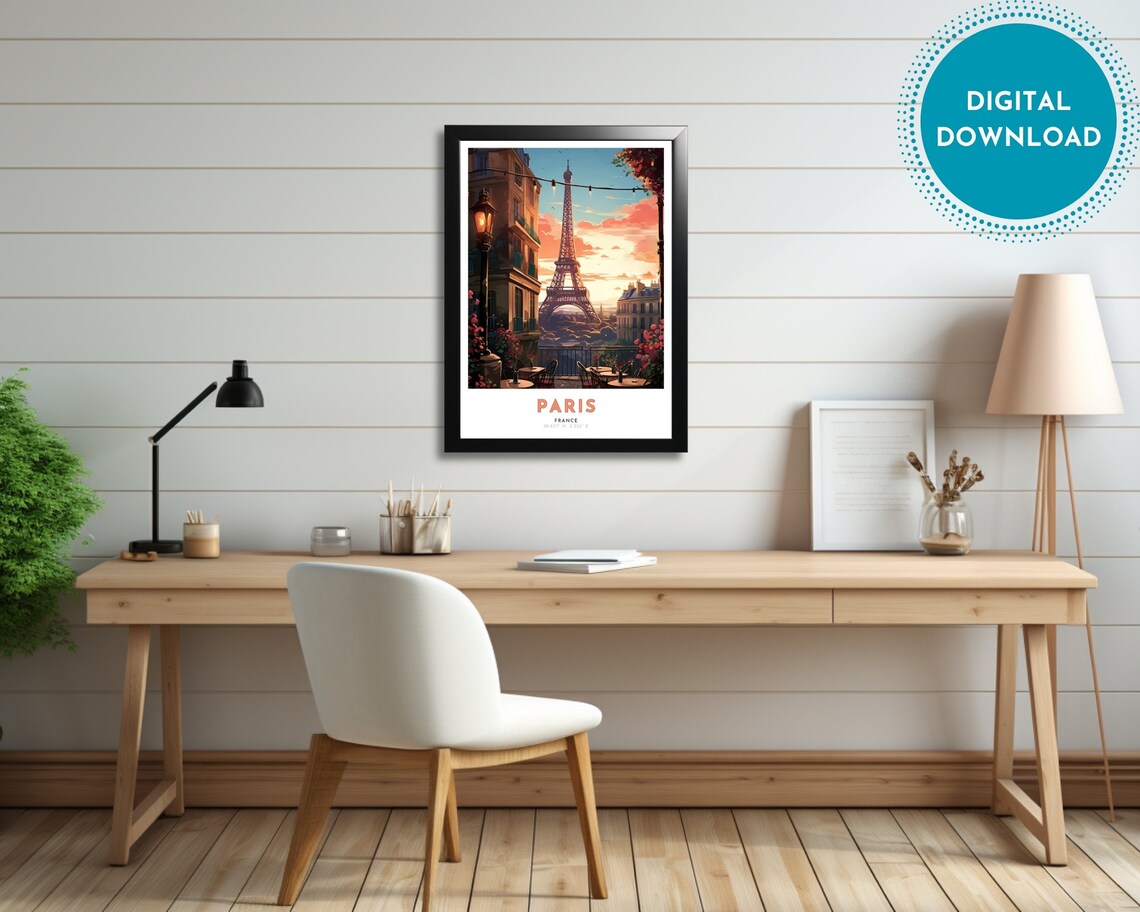 Paris Eiffel Tower Sunset Cafe Terrace Art Nouveau Travel Poster - Image 2