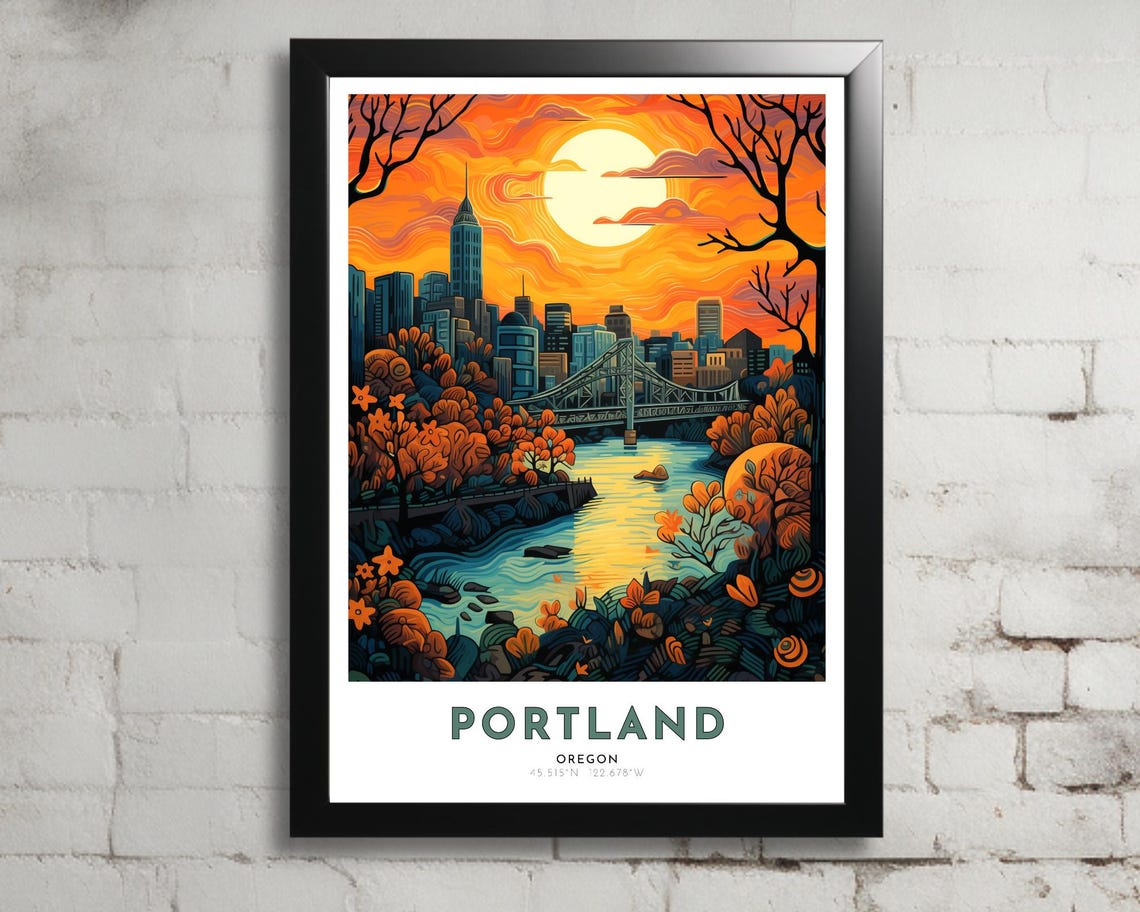 Portland Travel Poster Of Oregon Art Nouveau Gift For Lovers Of Portland Oregon Wall Art Decor Print Of Willamette Painting
