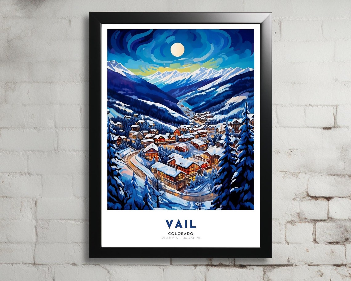 Vail Colorado Moonlit Snow Valley Alpine Village Travel Poster