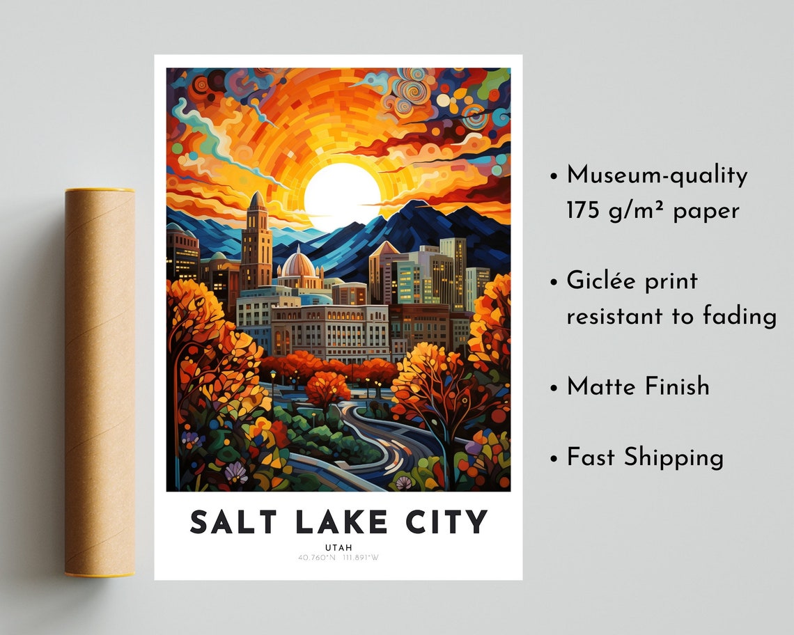Salt Lake City Travel Poster Of Utah Art Nouveau Gift For Lovers Of Salt Lake City Utah Wall Art Decor Print Of Great Salt Lake Painting - Image 5
