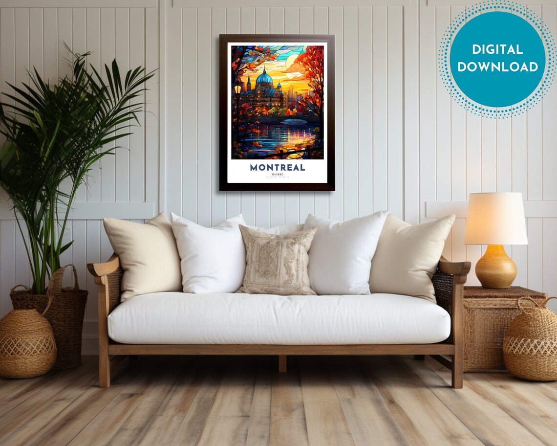 Montreal Quebec Stained Glass Cathedral Sunset River Travel Poster - Image 2