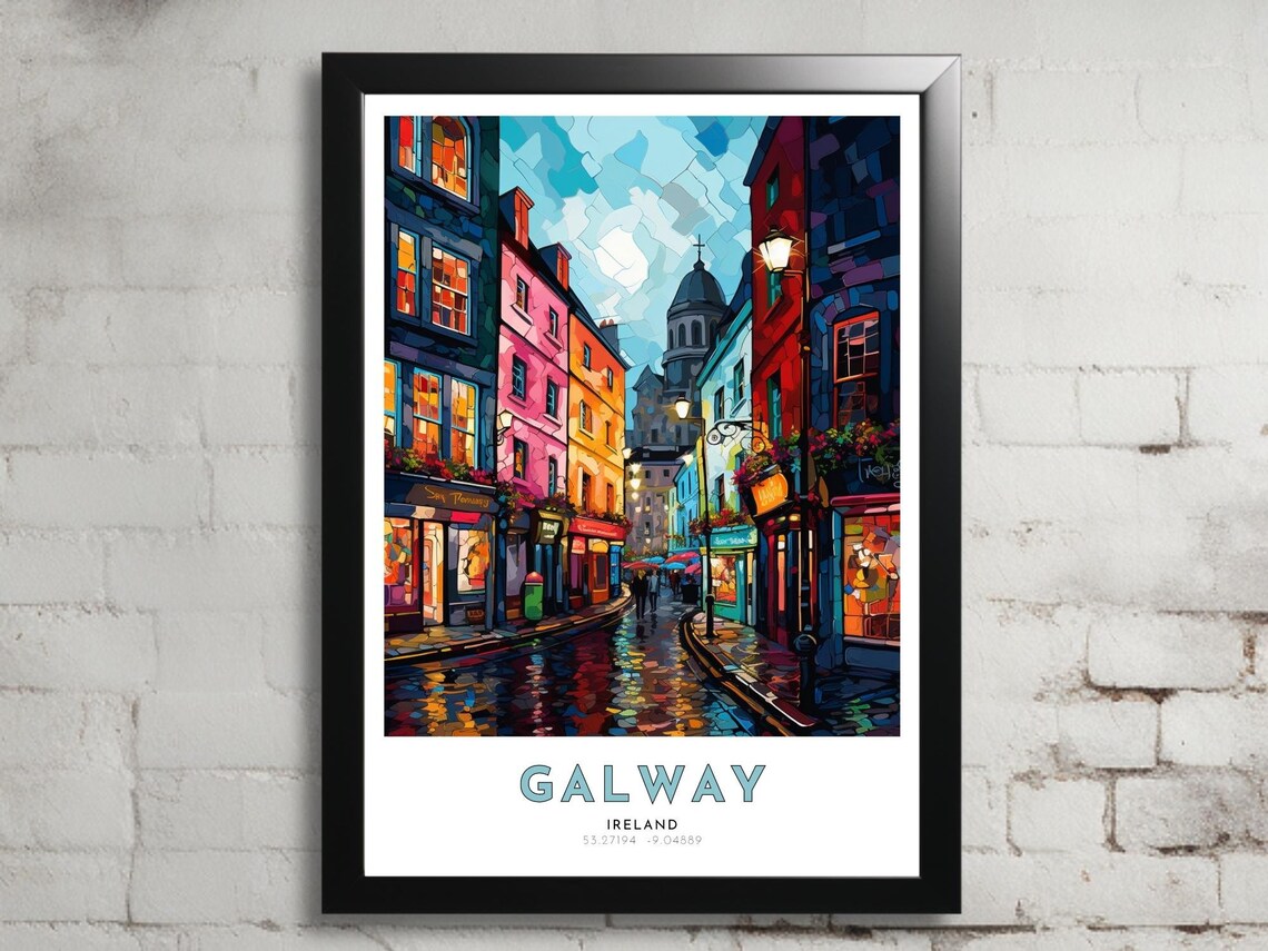 Galway Ireland Rainy Night Street Colorful Pub Row Art Poster