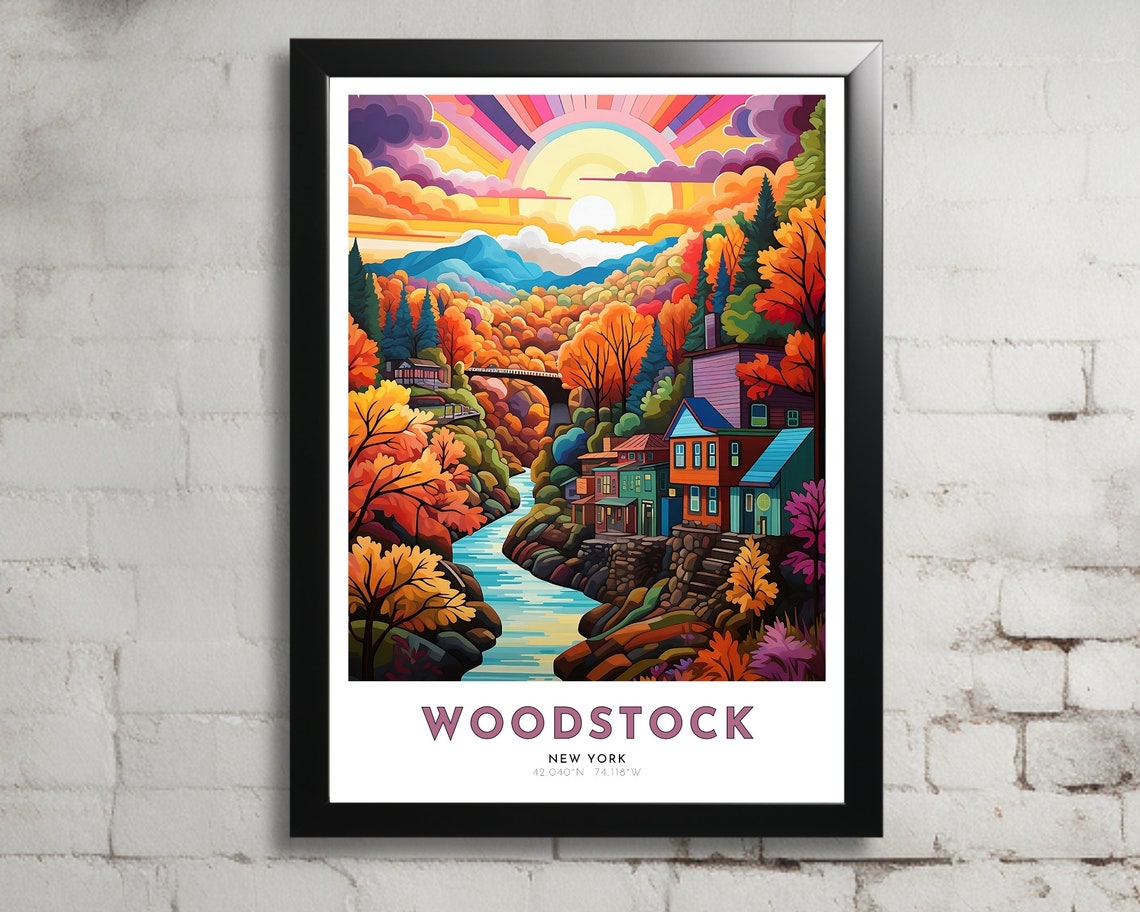 Woodstock New York Autumn Mountain Town Vintage Travel Poster