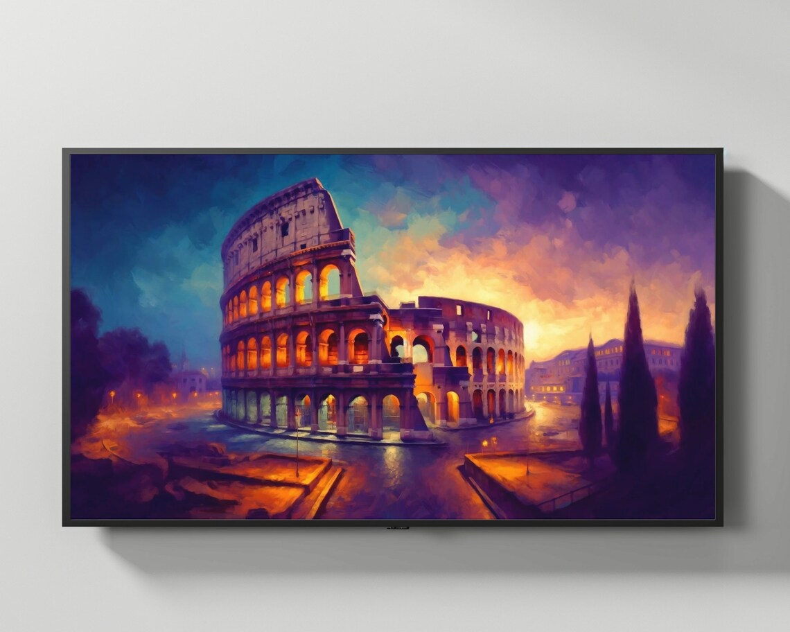 Rome Italy Colosseum Sunset Ancient Ruins Purple Sky Art Poster