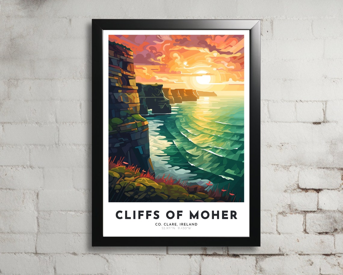 Cliffs of Moher Ireland Sunset Ocean Waves Travel Art Poster