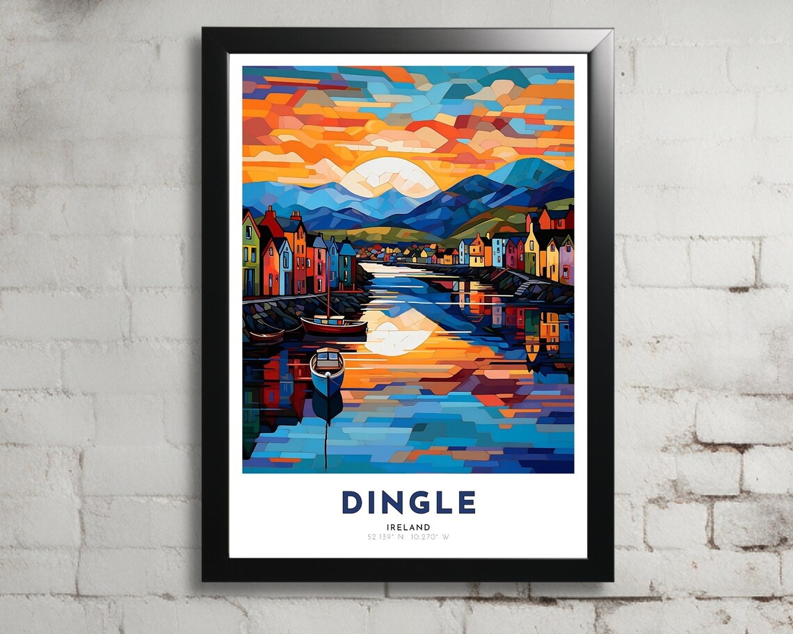 Dingle Ireland Mosaic Sunset Harbor Boats Colorful Travel Poster