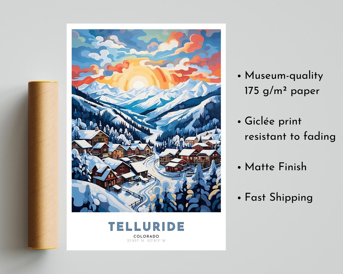 Telluride Colorado Snowy Mountain Town Winter Sunrise Travel Poster - Image 5