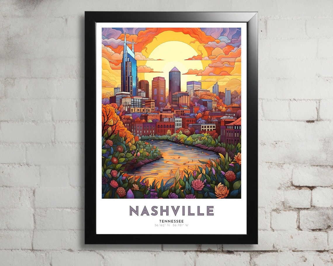 Nashville Tennessee Skyline River Sunset Music City Travel Poster