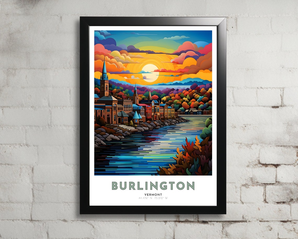 Burlington Vermont Lake Sunset Church Steeple Travel Poster Art