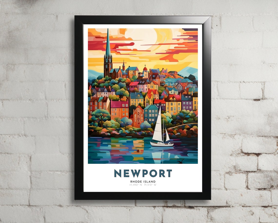 Newport Rhode Island Harbor Sunset Sailboat Colorful Travel Poster