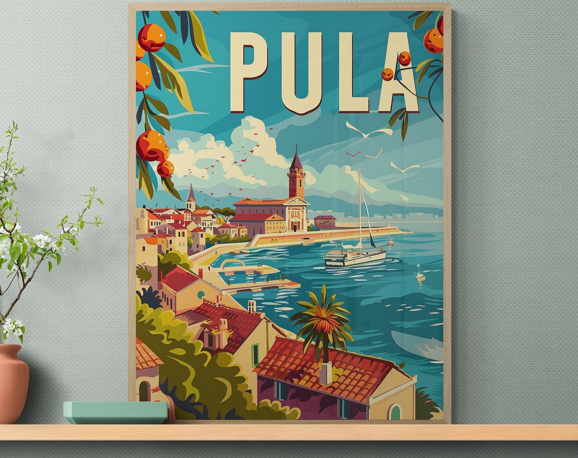 Pula Harbor Cathedral Tower and Orange Groves Vintage Travel Poster - Image 3
