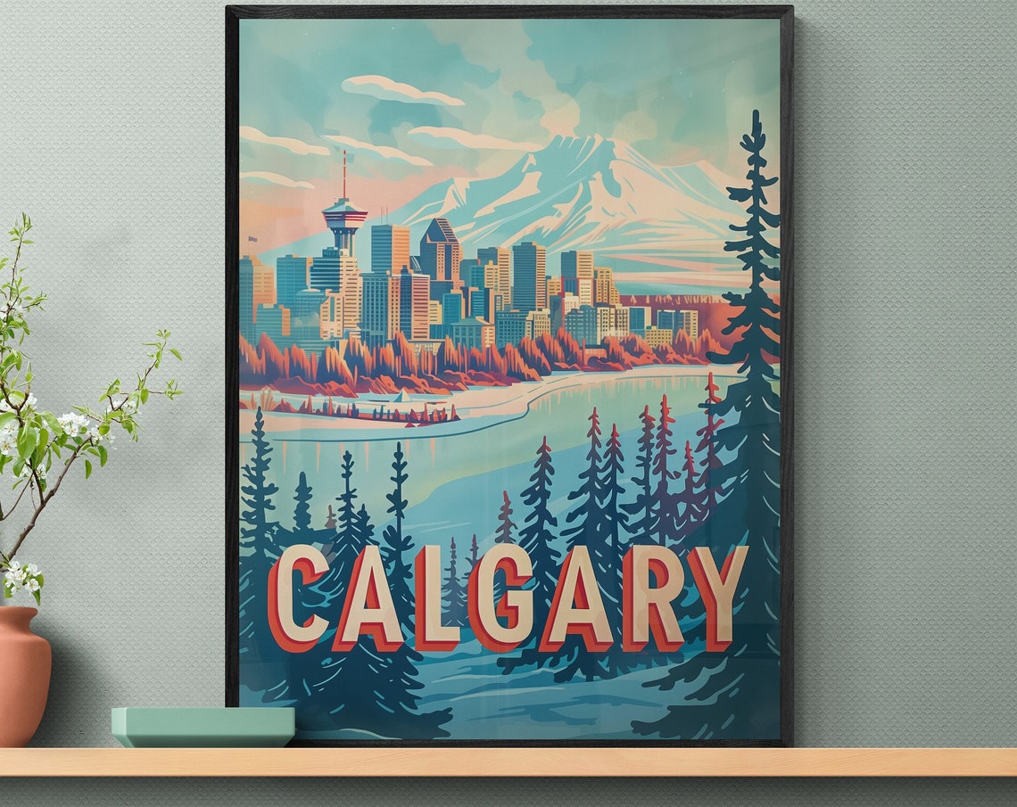 Calgary Tower Rockies and Pines Vintage Winter Travel Poster - Image 3