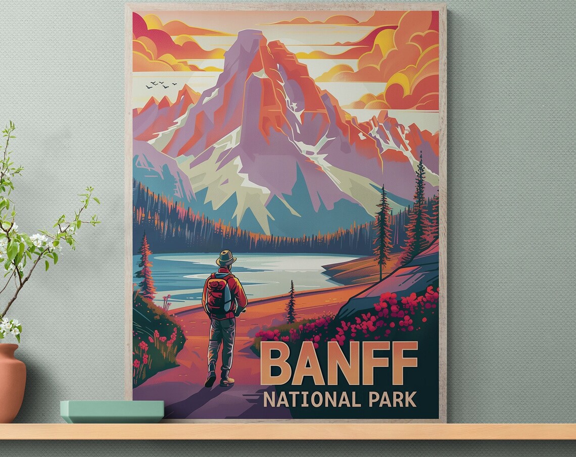 Banff National Park Hiker Mountain Lake Sunset Trail Travel Poster - Image 3