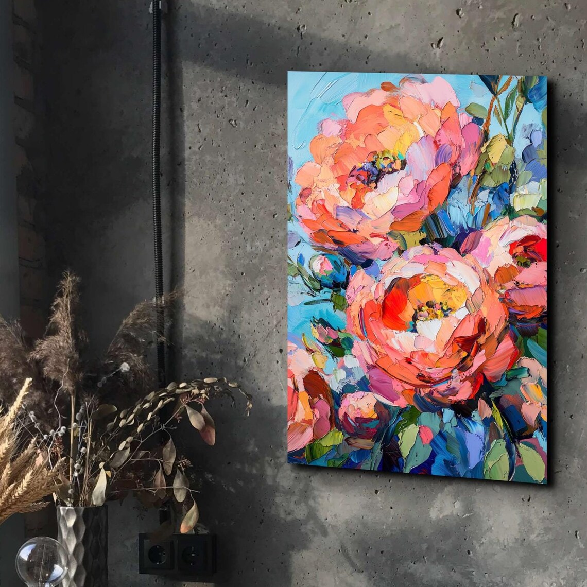Pink Orange Peony Blooms Impasto Oil Style Floral Canvas Poster