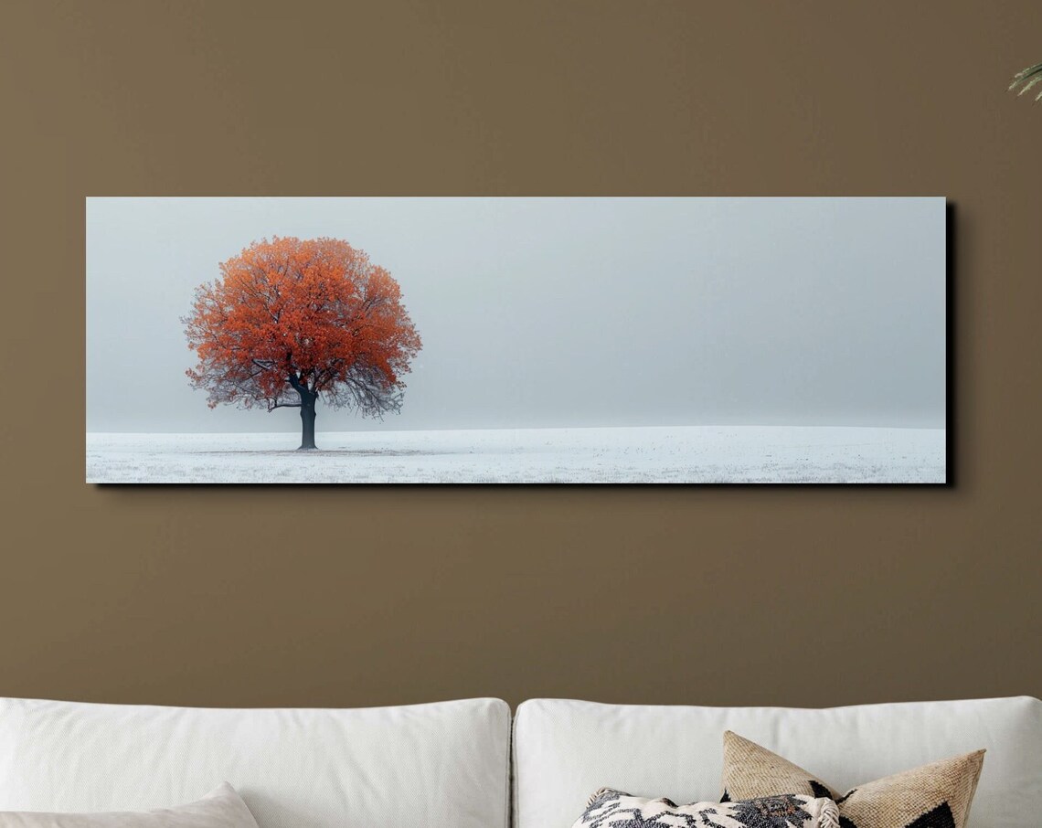 Single Orange Autumn Tree In Snow Covered Field Nature Poster