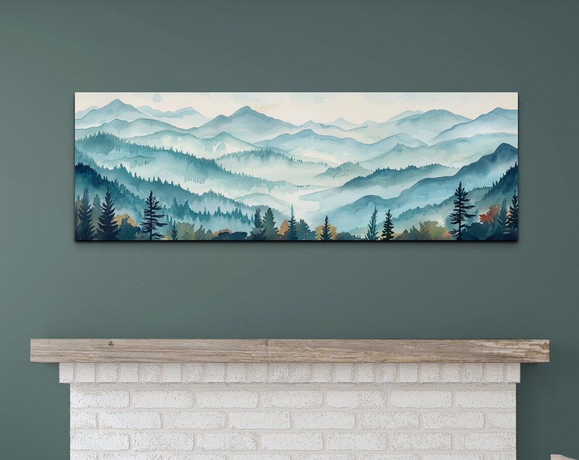 Teal Watercolor Mountain Valley Panorama Serene Landscape Poster