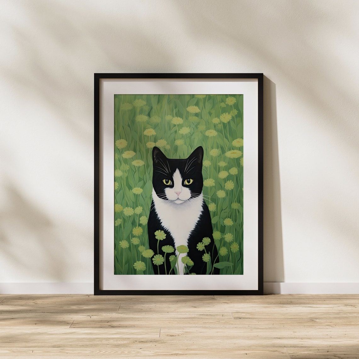 Black and White Tuxedo Cat Among Green Meadow Flowers Poster - Image 2