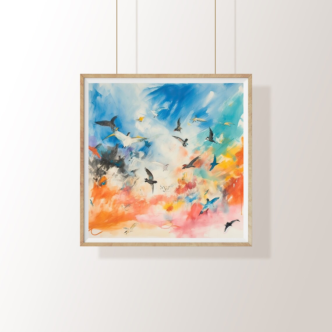 Watercolor Flock of Birds Soaring Across a Colorful Sky Poster