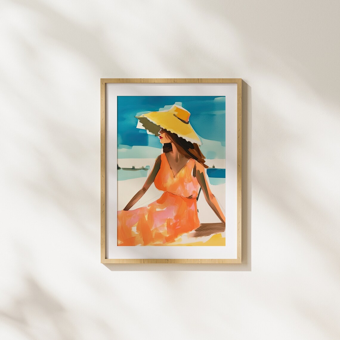Elegant Woman In Yellow Sun Hat And Orange Dress Seaside Gouache Art Poster