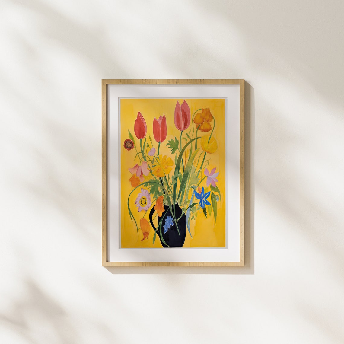 Bold Yellow Background Floral Bouquet Black Vase Modern Art Poster