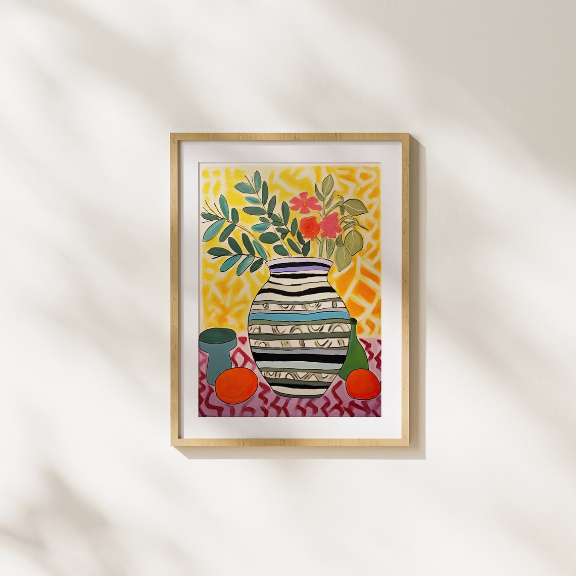 Striped Vase with Flowers on Yellow Patterned Background Poster