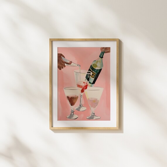 Fun Cocktail Party Hands Pouring Into Glasses On Pink Modern Art Poster