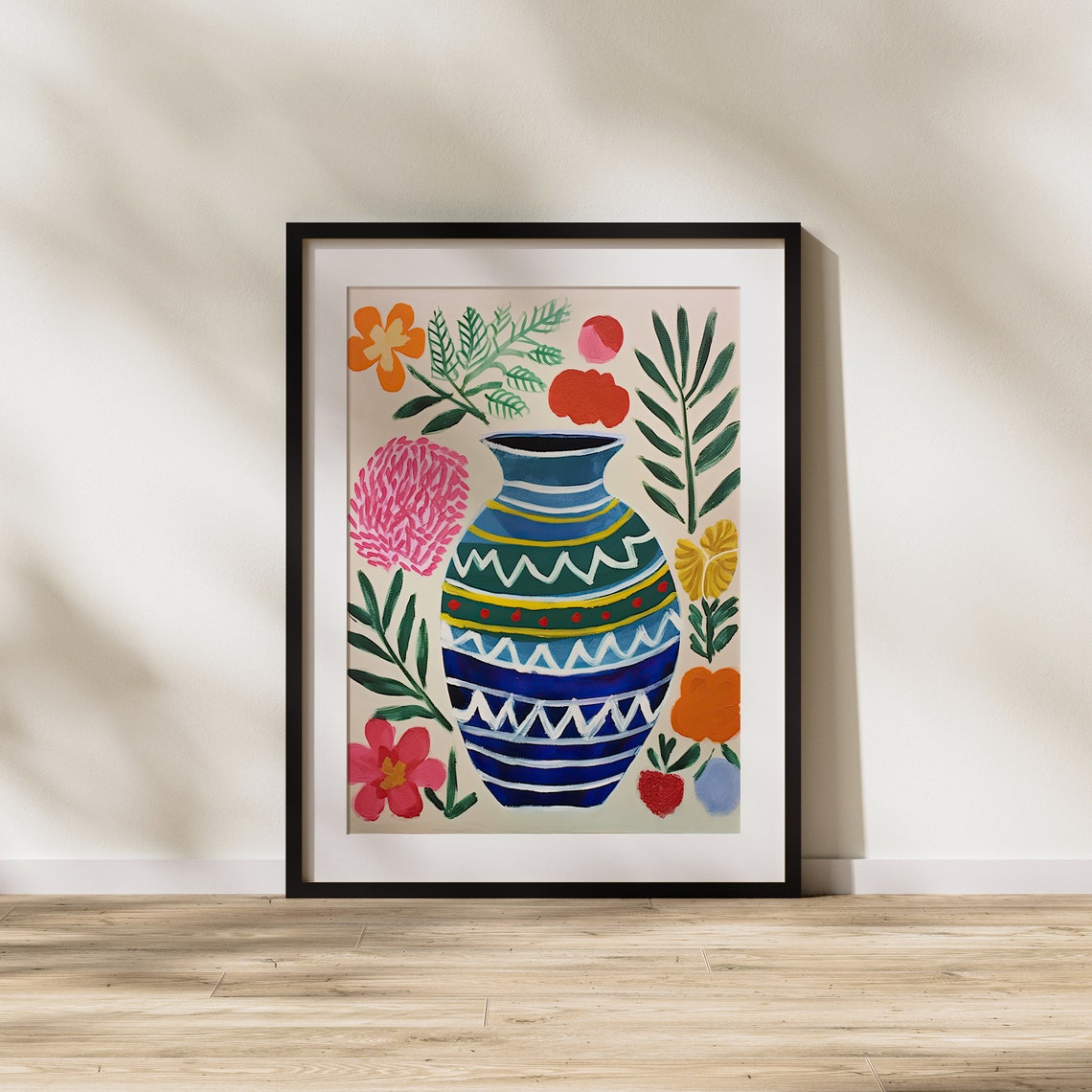 Blue Folk Art Vase with Zigzag Pattern and Wildflowers Poster - Image 2