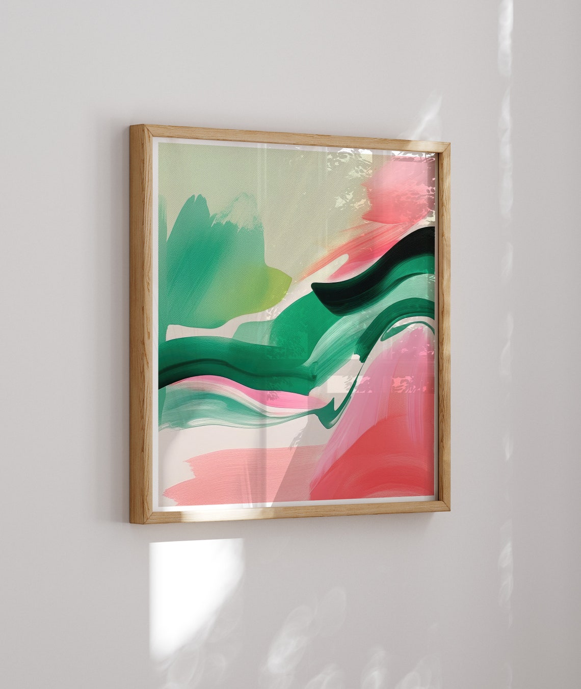 Emerald Green And Blush Pink Flowing Brushstroke Abstract Art Poster - Image 2