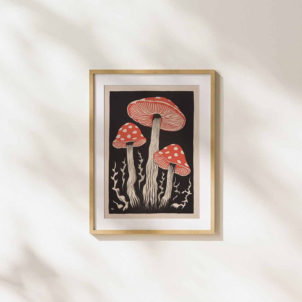 Three Red Fly Agaric Mushrooms on Black Woodcut Style Poster