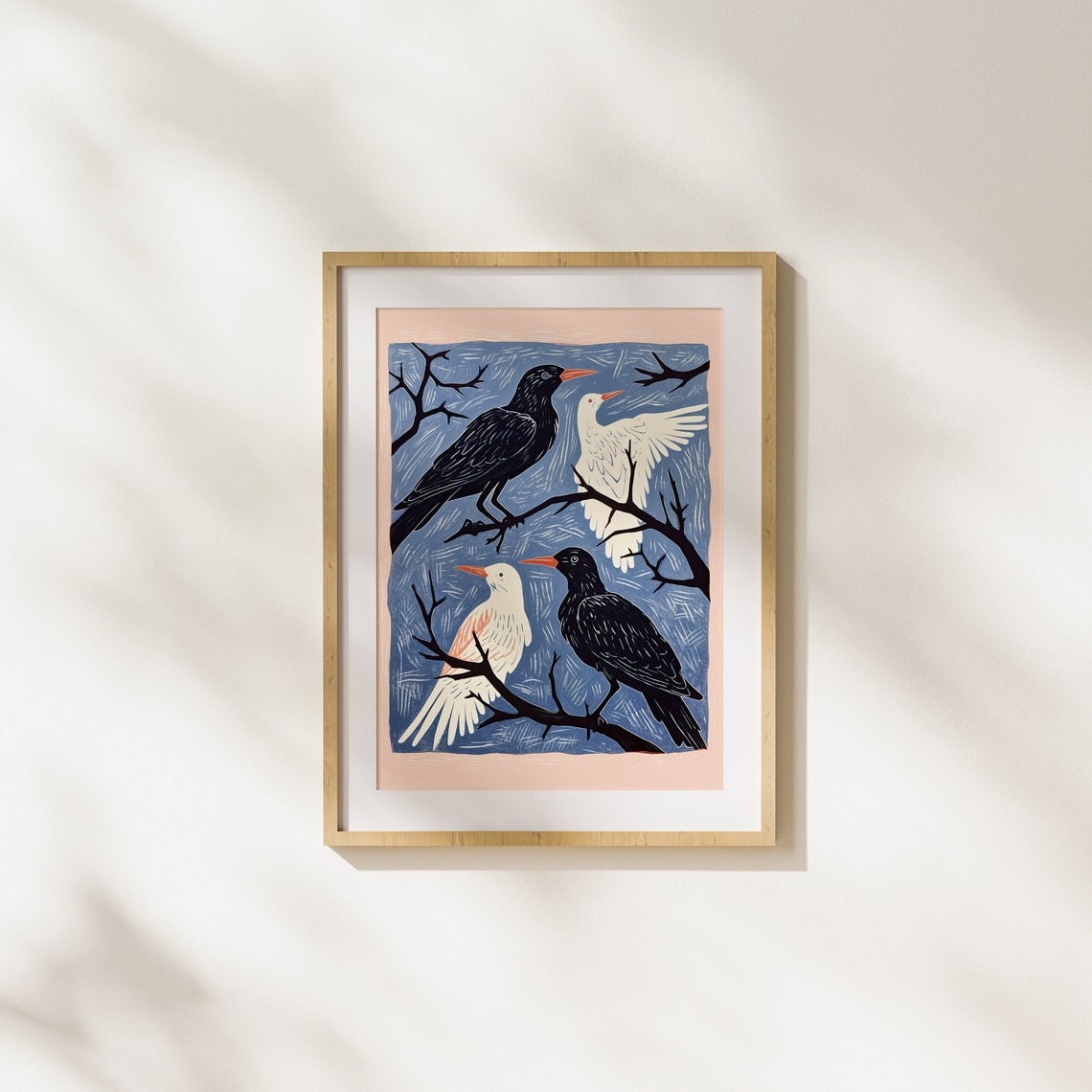Black And White Crows With Orange Beaks Night Branch Art Poster