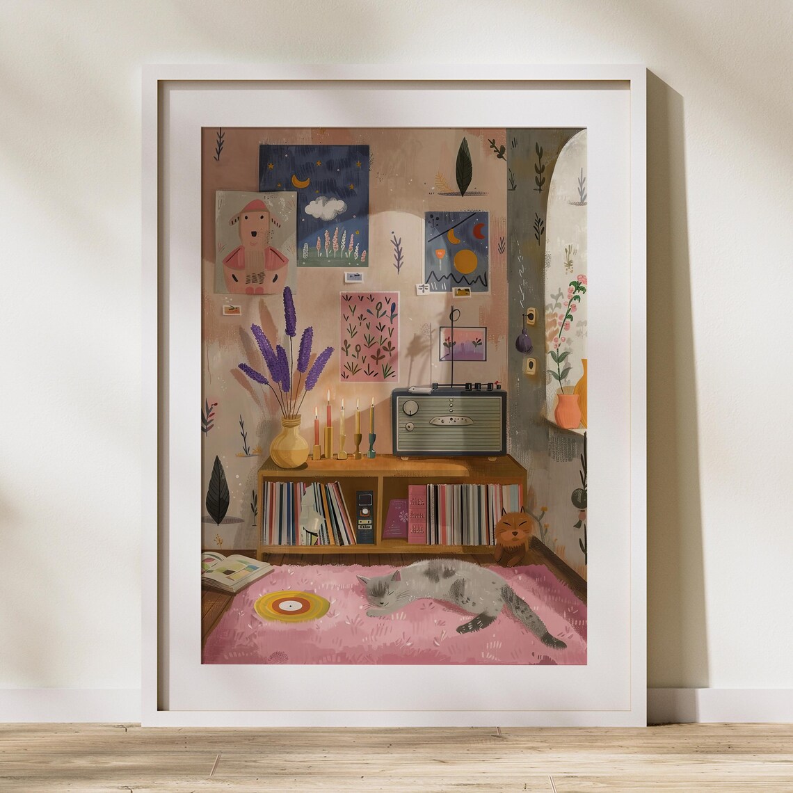 Cozy Sleeping Cat With Records And Radio Warm Illustrated Corner Poster - Image 2