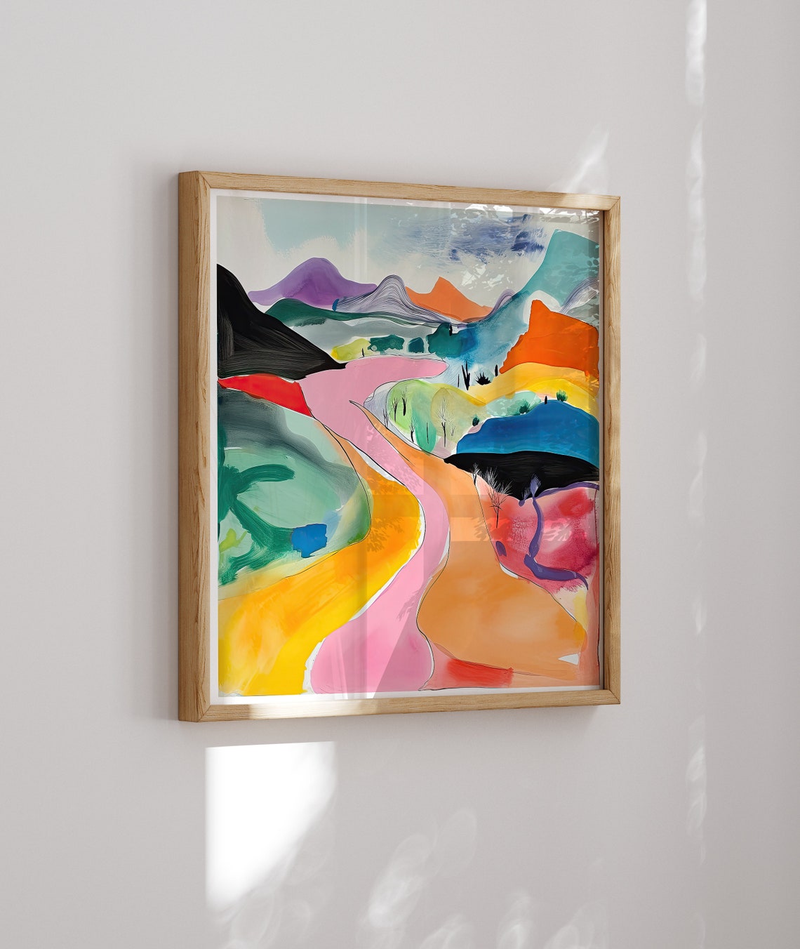Vivid Abstract Landscape with a Winding Pink Path Through Hills Poster - Image 2